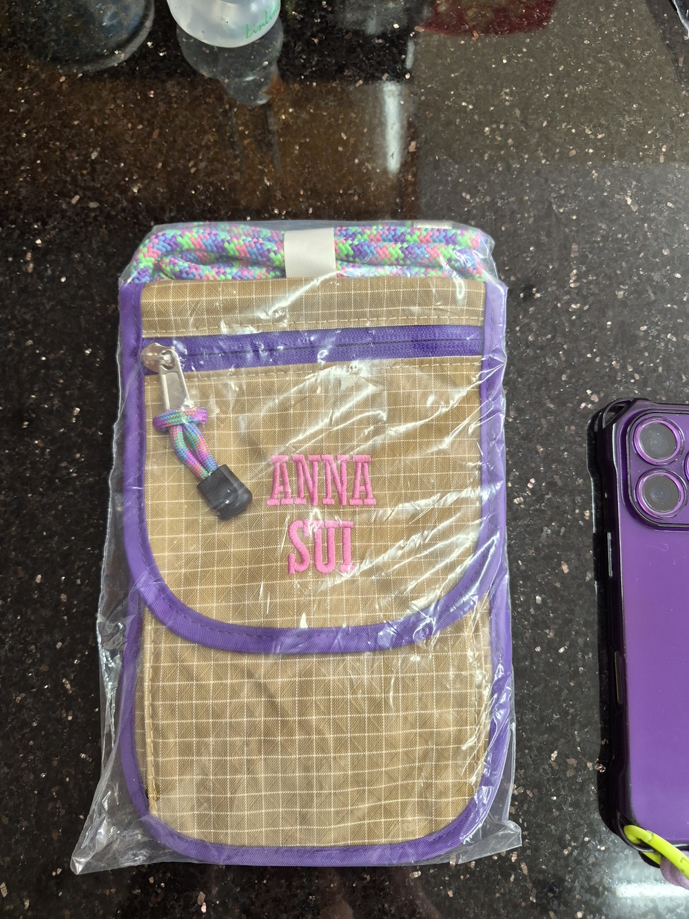 Anna Sui Beige Crossbody Phone Pouch with Purple Trim